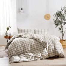 3Pcs 100% Washed Cotton Duvet Cover Set, Small Check Plaid Bedding Set With Zipper Closure, Ultra Soft And Easy Care, 1 Duvet Cover 2 Pillow Shams