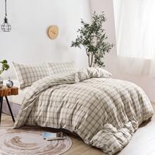 3Pcs 100% Washed Cotton Duvet Cover Set, Small Check Plaid Bedding Set With Zipper Closure, Ultra Soft And Easy Care, 1 Duvet Cover 2 Pillow Shams