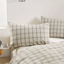 3Pcs 100% Washed Cotton Duvet Cover Set, Small Check Plaid Bedding Set With Zipper Closure, Ultra Soft And Easy Care, 1 Duvet Cover 2 Pillow Shams