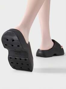 女士黑色露趾一脚蹬凉鞋，厚底，防滑，沙滩散步拖鞋，春夏 - 黑色 - 查看 3