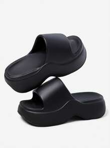 女士黑色露趾一脚蹬凉鞋，厚底，防滑，沙滩散步拖鞋，春夏 - 黑色 - 查看 1