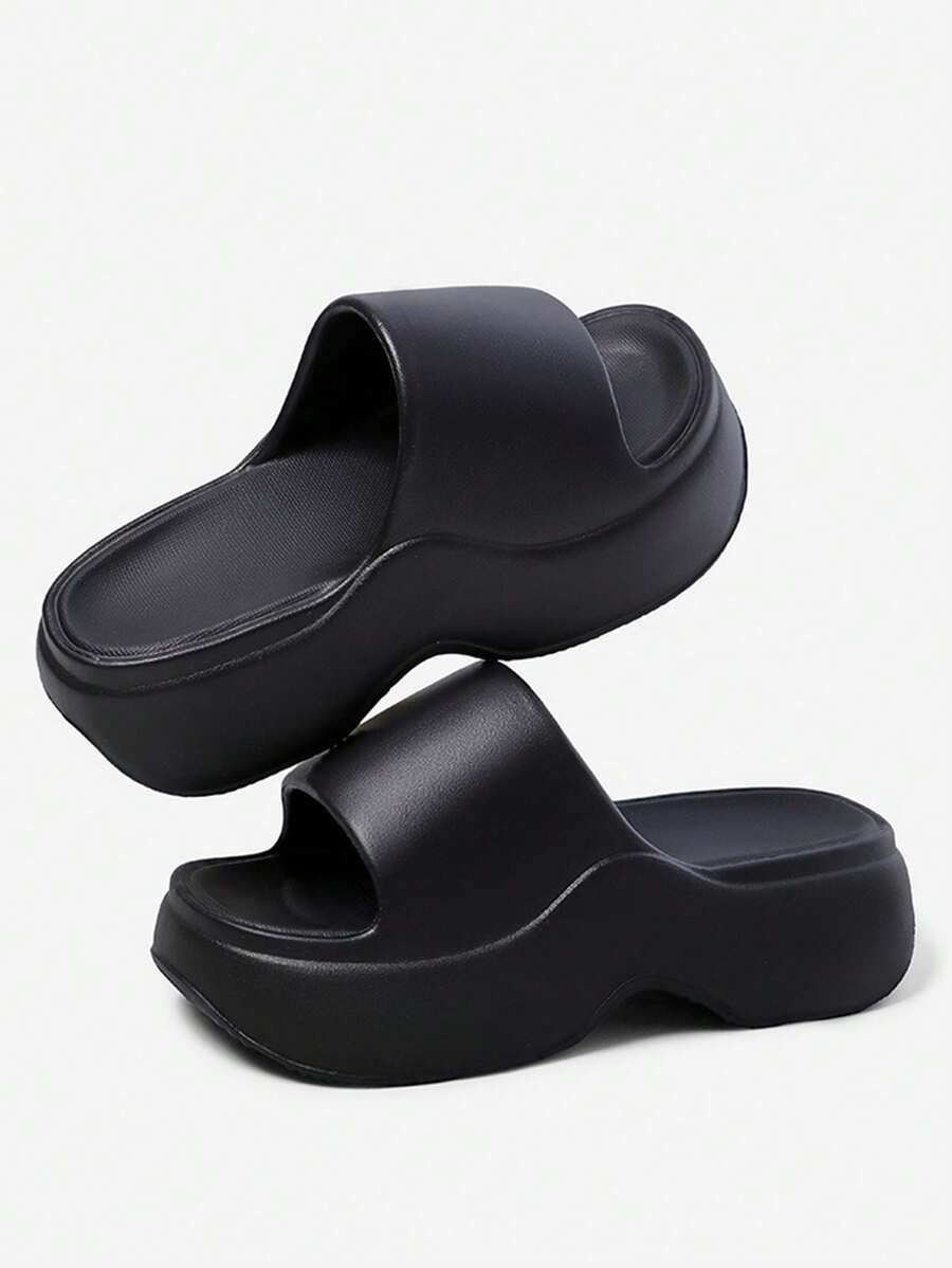 女士黑色露趾一脚蹬凉鞋，厚底，防滑，沙滩散步拖鞋，春夏 - 黑色 - 查看 1