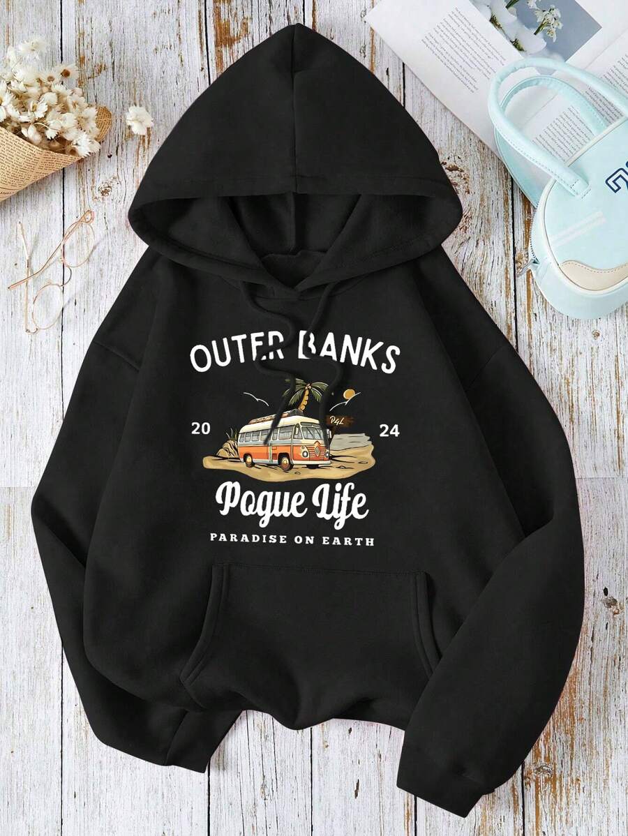 OUTER BANK Palm Tree Print Women's Versatile Long Sleeve Pocket Casual Hoodie - Black - View 1