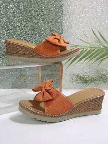 Women's Denim Bow Decor Wedge Heel Thick Sole Sandals, Fashionable Jute Bottom Summer Sandals