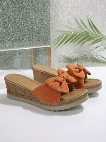 Women's Denim Bow Decor Wedge Heel Thick Sole Sandals, Fashionable Jute Bottom Summer Sandals