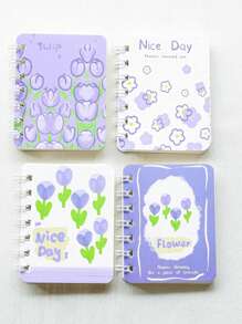 4pcs/Set Floral Embellished Spiral Notebooks, Pocket Sized Mini A7 Diaries, Portable For Office, School,School Supplies,Back To School