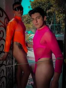 TRANSPARENT MEN'S BODYSUIT - Coral Pink - View 3
