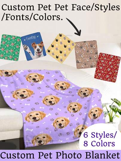 Customized Pet Photo Blanket, Customized Dog/Cat Name Blanket, Personalized Pet Face Blanket, Dog Blanket With Photo And Name, Cat Photo Print Blanket, Gift For Dog Parents. Personalized Dog Face Blanket With Dog Paw/Fish Bone Pattern, Pet Birthday Gift, Pet Homecoming Gift. Decorative, Carved Fashion, Colorful, Vintage, Cute, Minimalist, Adorable Pet Customization, Unique, Personalized Pet Anniversary Gift, Birthday Gift, Pet Supplies, 2025 Halloween Accessories, Personalized Pet Blanket With Pet Name Printed