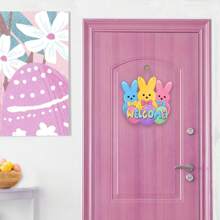 Carteles de puerta de entrada con conejito de Pascua, ganchos de puerta de madera con conejito lindo para decoraciones de pórtico exterior, coronas de Pascua de huevos de primavera de madera para colgar en pared interior, decoración del hogar, decoración de habitación, decoración de pared