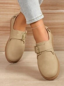 Women's French Style Slip-On Leather Flat Shoes With Round Toe And Buckle, Soft Sole, Comfortable For Commuting And Work, Spring/Autumn