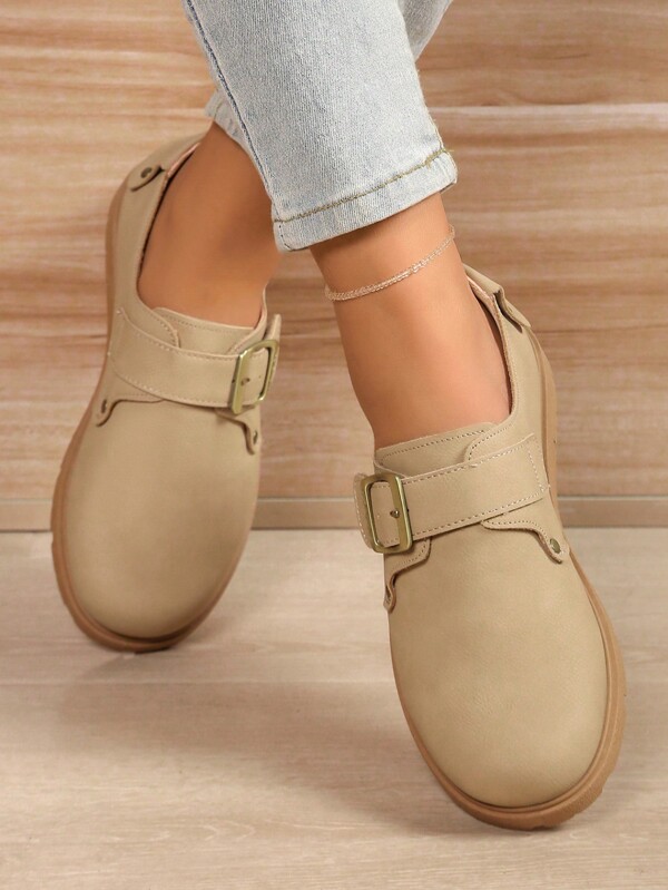 Women's French Style Slip-On Leather Flat Shoes With Round Toe And Buckle, Soft Sole, Comfortable For Commuting And Work, Spring/Autumn