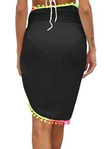 Women Beach Sarongs, Sheer Mesh Swimsuit Wrap Skirt Bikini Cover Up With Colorful Pompom Tassel - Black - View 2