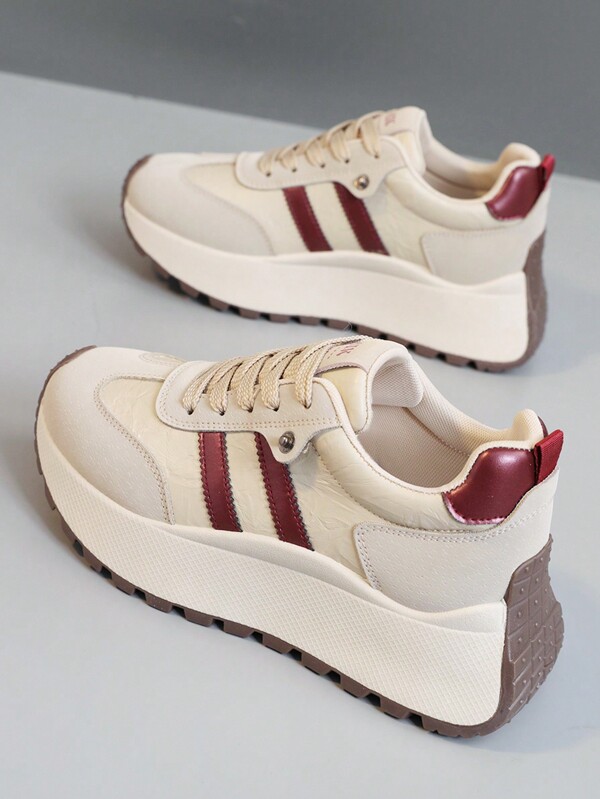 New 2024 Spring/Autumn Thick-Sole Sneakers For Women, Leather Patchwork Casual Sport Shoes, Outdoor