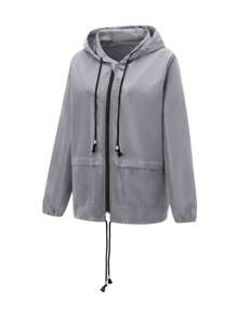 Women Packable Rain Jacket, Outdoor Hooded Windbreaker With Adjustable Drawstring - Grey - View 7