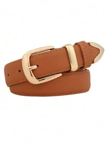 1 Piece 3cm Litchi Embossed Belt, Versatile Style, Metal Buckle For Everyday Use With Leather Lining - Camel - View 3