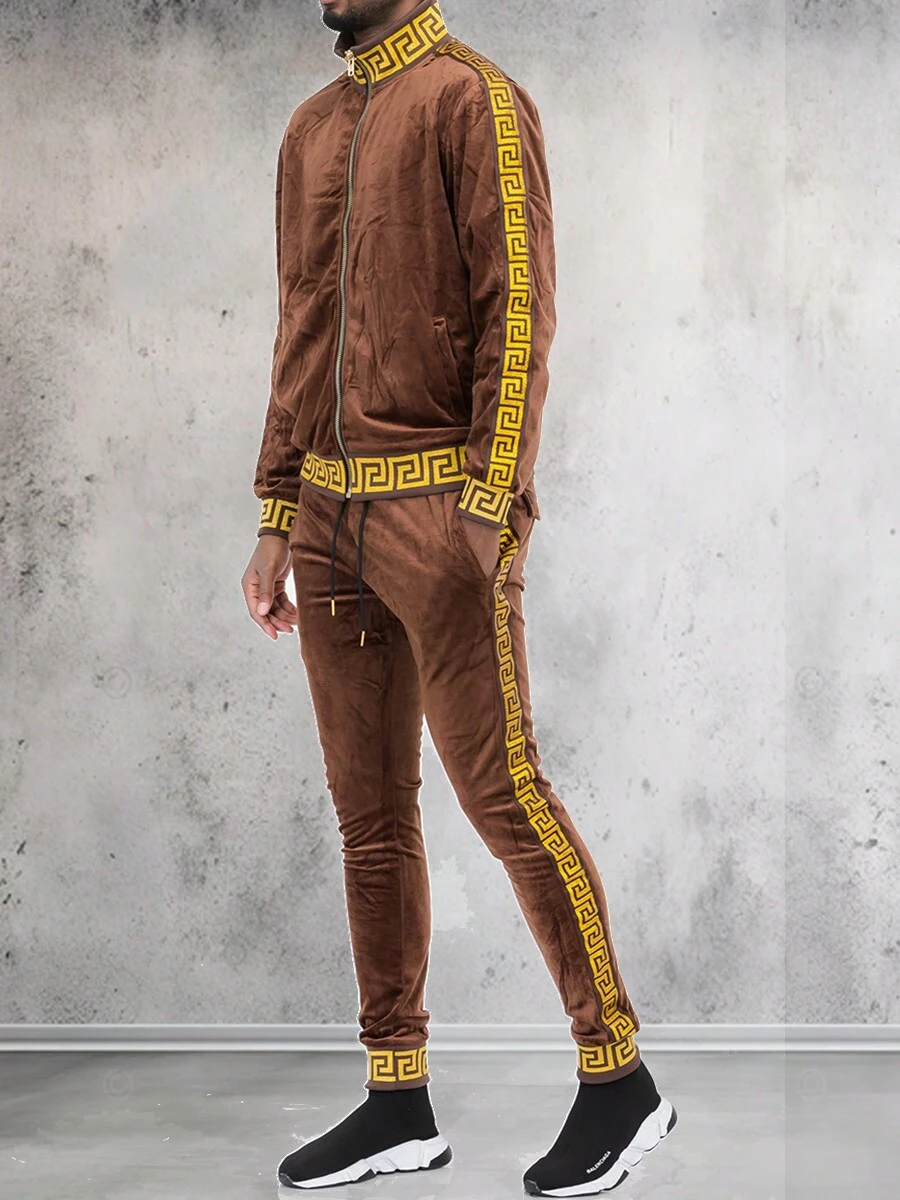 Mens Baroque Velour Suede Status Tape Zip Up Track Jacket Two Piece Co-Ord Set - Brown Gold - View 1
