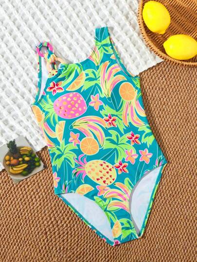 Tween Girl Tropical Fruit Print One-Piece Swimsuit