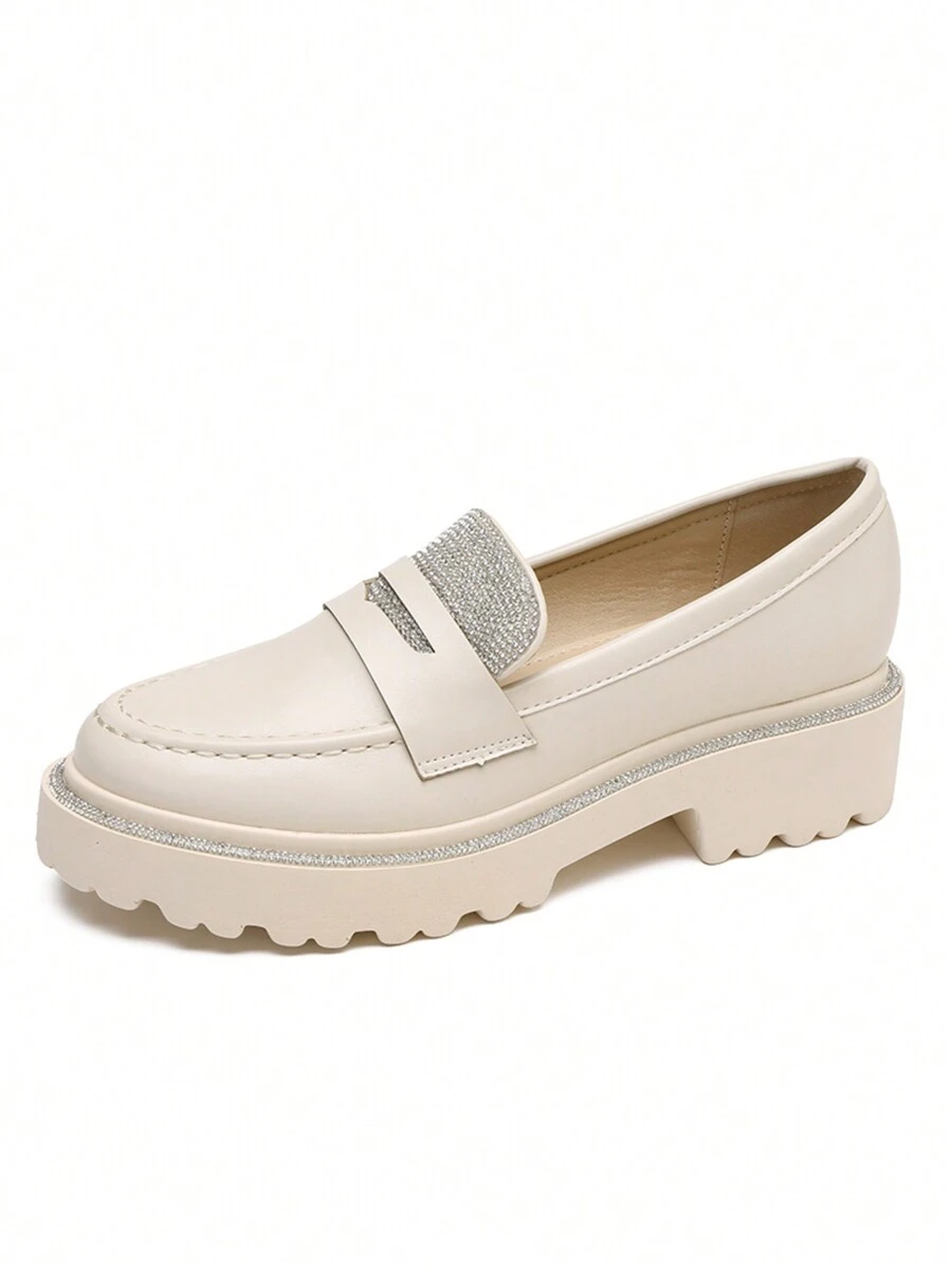 Women's Fashion Comfortable Rhinestone Thick Sole Loafers - Krem - View 1