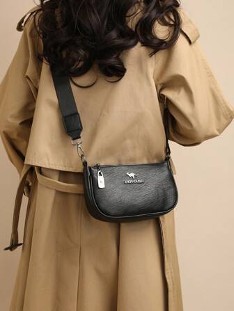 1pc Plain PU Leather Kangaroo Metal Decor Vintage Style Casual Crossbody Bag For Women