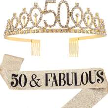 2 件/套黄金岁数 30 岁 40 岁 50 岁 60 岁 70 岁 80 岁 1 件水钻水晶皇冠 +1 件披肩头饰生日周年装饰生日快乐缎带派对用品发带发刷生日女王女士发刷发带，圣诞节