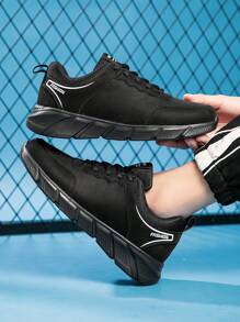 男士时尚彩色块字母系带低帮休闲运动鞋，适合日常、户外、轻便、舒适的厚底跑步运动鞋 - 黑色 - 查看 6