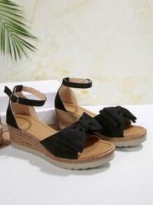 Women's Mesh Bow Decor Platform Wedge Sandals, Comfortable Buckle Closure, Summer,Travel Essential - Black - View 7