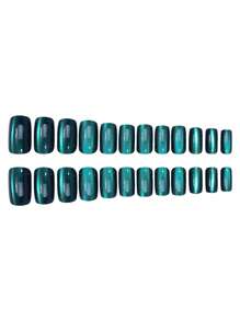 Upgrade Your Look With 24PCS Short Square Press On Nails Creative Translucent Dark Green Cat Eye Design Fake Nails Full Coverage Fake Nail Kit Office Daily Wear False Nails For Women And Girls With Nail File And Jelly Gel 1 Piece Nail Supplies. - Dark Green - View 4