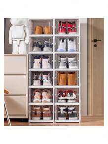 6 Pcs/Set Stackable Clear Plastic Shoe Boxes, Closet Shoe Organizer, Modular Shoe Storage Containers, White Plastic Shoe Storage - Multicolor - View 2