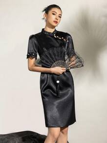 Connect Lace Short Sleeve Stand Collar Pearl Trim Satin New Chinese Style Cheongsam Qipao Dress - Black - View 2