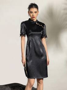 Connect Lace Short Sleeve Stand Collar Pearl Trim Satin New Chinese Style Cheongsam Qipao Dress - Black - View 6