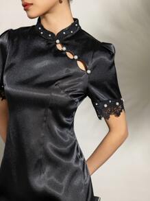 Connect Lace Short Sleeve Stand Collar Pearl Trim Satin New Chinese Style Cheongsam Qipao Dress - Black - View 9
