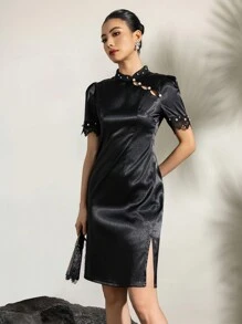 Connect Lace Short Sleeve Stand Collar Pearl Trim Satin New Chinese Style Cheongsam Qipao Dress - Black - View 8