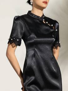 Connect Lace Short Sleeve Stand Collar Pearl Trim Satin New Chinese Style Cheongsam Qipao Dress - Black - View 7