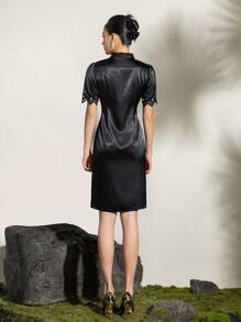 Connect Lace Short Sleeve Stand Collar Pearl Trim Satin New Chinese Style Cheongsam Qipao Dress - Black - View 3