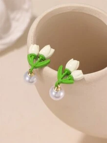 1對派對級合金鬱金香形滴型耳環,假珍珠裝飾,適用於女性約會禮物 - 彩色 - 查看 1