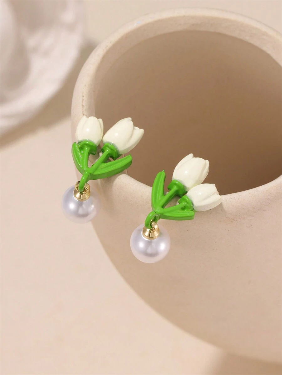 1對派對級合金鬱金香形滴型耳環,假珍珠裝飾,適用於女性約會禮物 - 彩色 - 查看 1