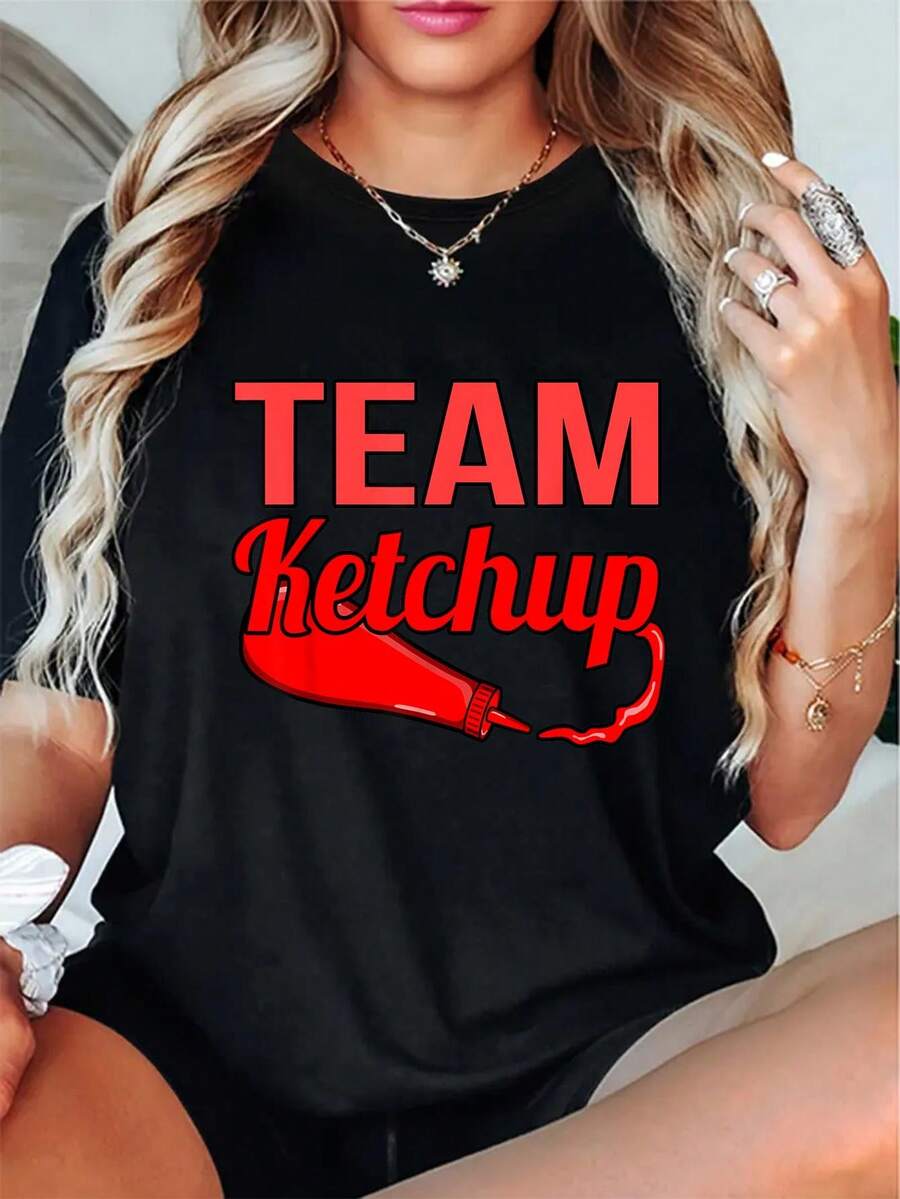 Ketchup Tomato Ketchup Bottle Team Ketchup T-Shirt Casual Short Sleeve Shirt - 黑色 - 查看 1