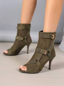 New Open Toe High Heel Boots Boots, European & American Style Stilettos Short Boots For Summer, Jazz Dance Heels, Lace-Up Strap Plus Size - Army Green - View 1