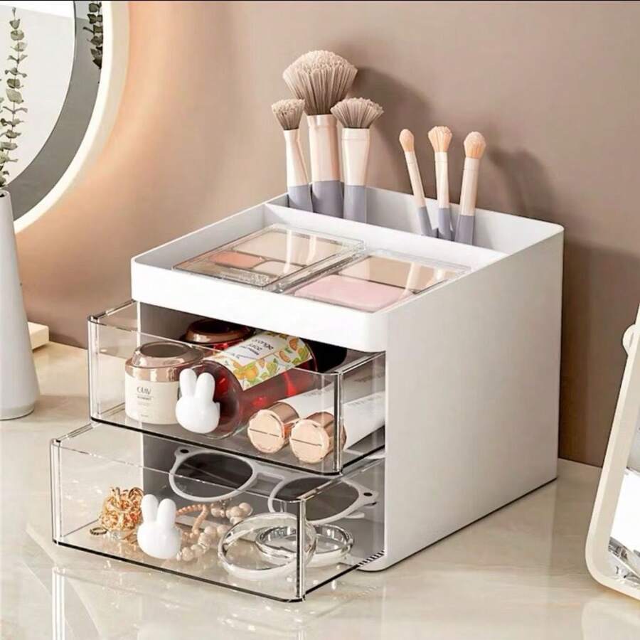 Cute Mini Drawer Storage Box Creative Stationery Organizer With Rabbit Handle - White - View 1