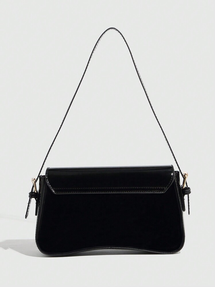 1pc Women's Minimalist Solid Black Patent Leather Handbag, Flap Shoulder Bag, Crossbody Bag, Tote Bag, Baguette Bag, 27*15*6cm PU Leather Texture Multifunctional Elegant & Sexy Handbag, Suitable For Work, Business, Commuting, Outdoor, Travel - 黑色 - 查看 6