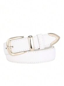 1 Piece 3cm Litchi Embossed Belt, Versatile Style, Metal Buckle For Everyday Use With Leather Lining - White - View 2
