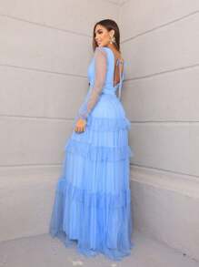 LONG DRESS FOR WEDDING BRIDESMAID TULLE LAYERS LONG SLEEVES - Màu xanh nhạt - Xem 2