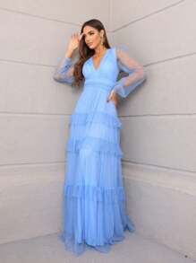 LONG DRESS FOR WEDDING BRIDESMAID TULLE LAYERS LONG SLEEVES - Màu xanh nhạt - Xem 1