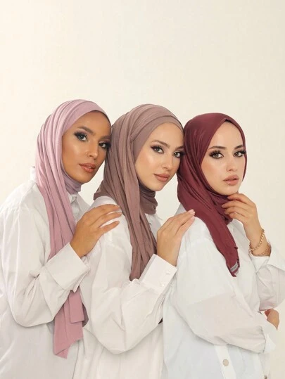 3 件套针织头巾套装，实惠经典纯色丝质 170*60 厘米长围巾，即时头巾披肩，适合日常休闲、户外、送礼