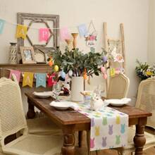 1 pieza Camino de mesa de Pascua, decoración de conejo colorido, estilo rústico festivo, decoración de mesa de comedor de primavera, cocina y comedor, decoración de fiesta interior y exterior - Multicolor - Ver 6