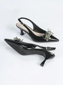 Women's Pointed Toe Crystal Diamond Ankle Strap Black High Heel Shoes, Sexy, Fashionable, Elegant For Party