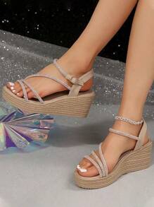 Sandalias de mujer con pedrería y cuña abierta Cuñas de plataforma - Albaricoque - Ver 2