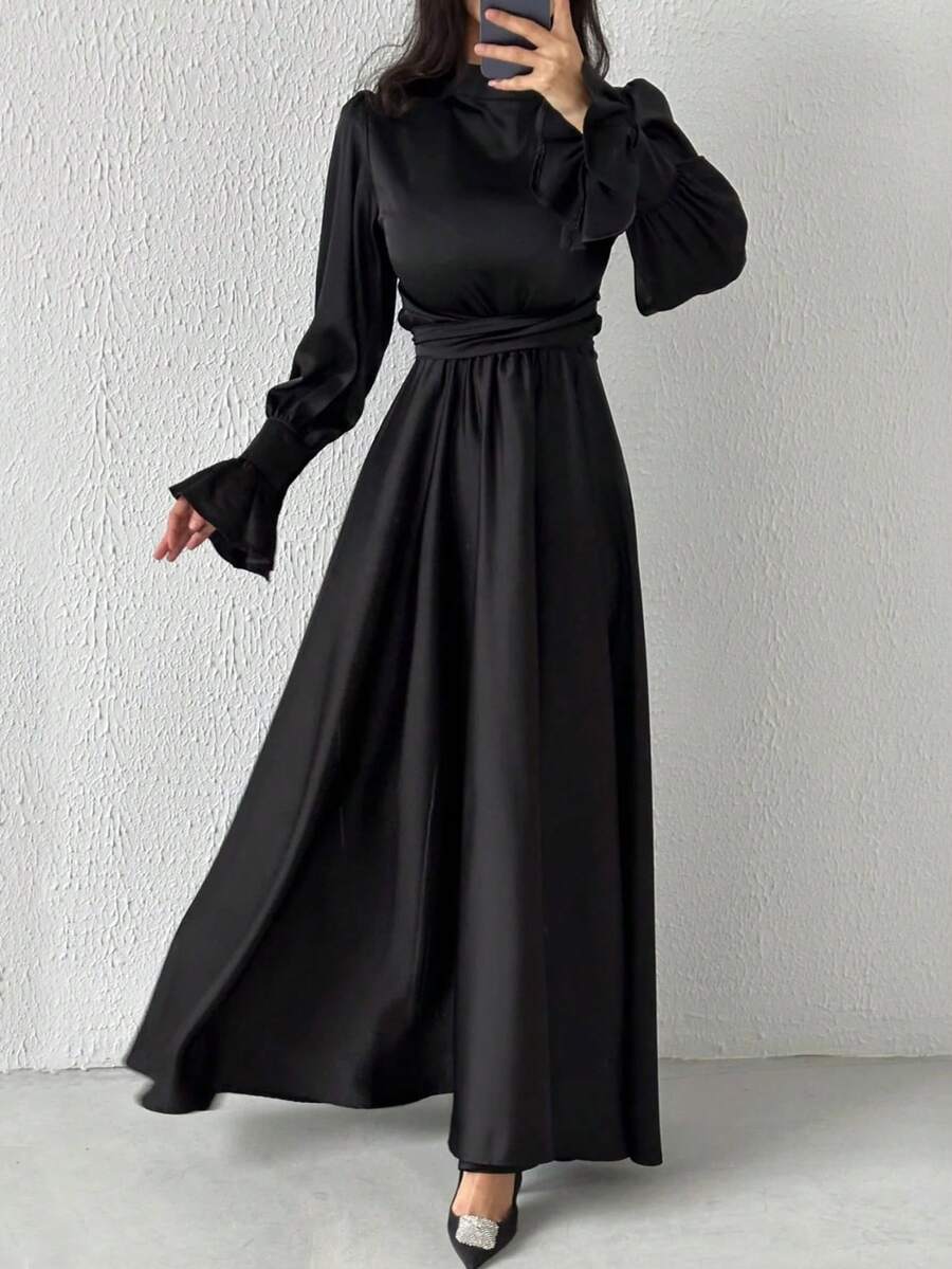Robe de mariée maxi à lacets en satin, robe de soirée de mariage élégante pour femmes au printemps, fluide et affinante - Noir - Voir 1