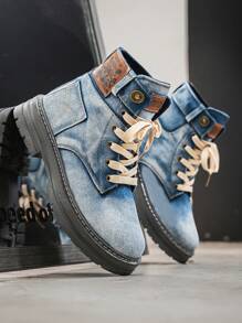 Sneakers alte da uomo a taglie grandi, con suola spessa, denim, di nuova moda, resistenti all'usura, adatte per tutto l'anno, in particolare per la primavera