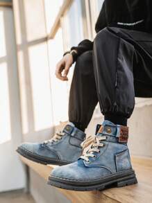 Sneakers alte da uomo a taglie grandi, con suola spessa, denim, di nuova moda, resistenti all'usura, adatte per tutto l'anno, in particolare per la primavera